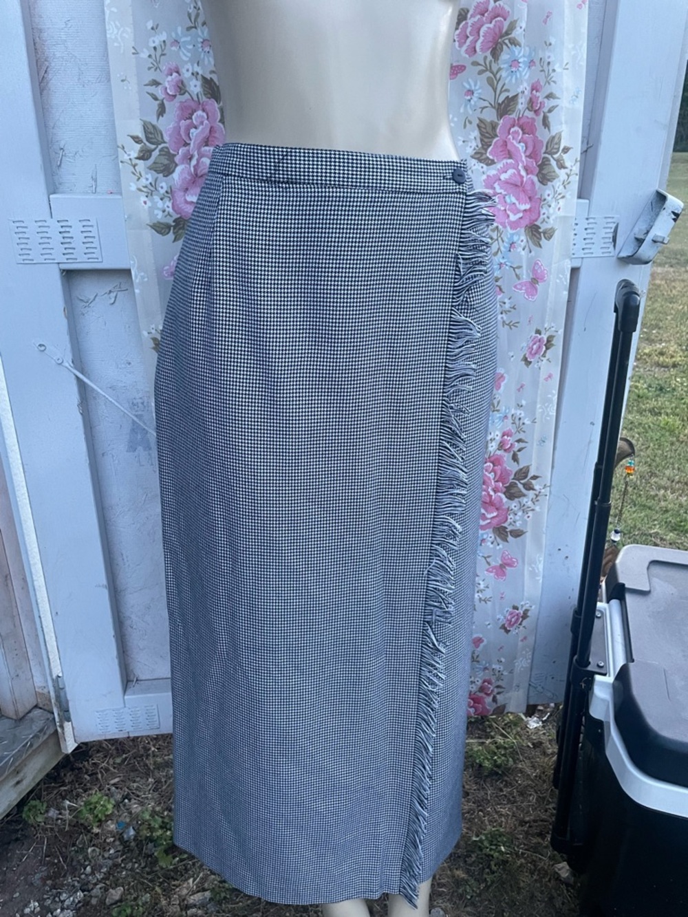 Black & White Houndstooth Midi Wrap Skirt with Fringe Trim